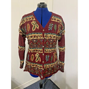 Vintage Signature Northern Isles Cardigan - Hand Embroidered Floral Red Grandma